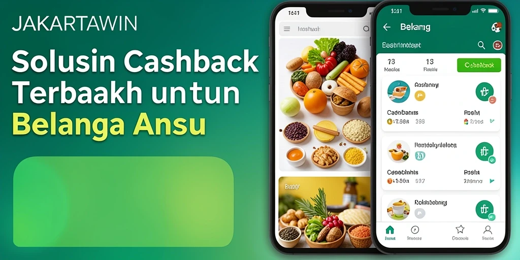 Antarmuka aplikasi JAKARTAWIN menampilkan berbagai penawaran cashback yang menarik.